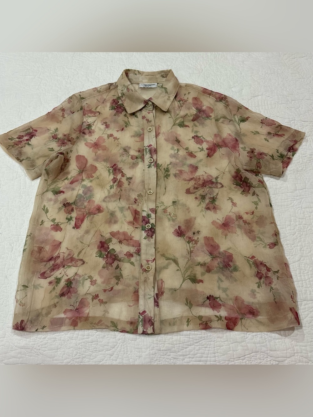 VTG Alfred Dunner Blouse Women’s 12P Sheer Floral Boho Top Textured USA Made
